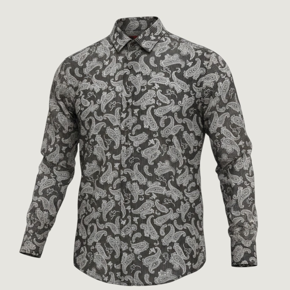 Report Collection Mens Black Paisley Striped Long Sleeve Button Down Shirt L